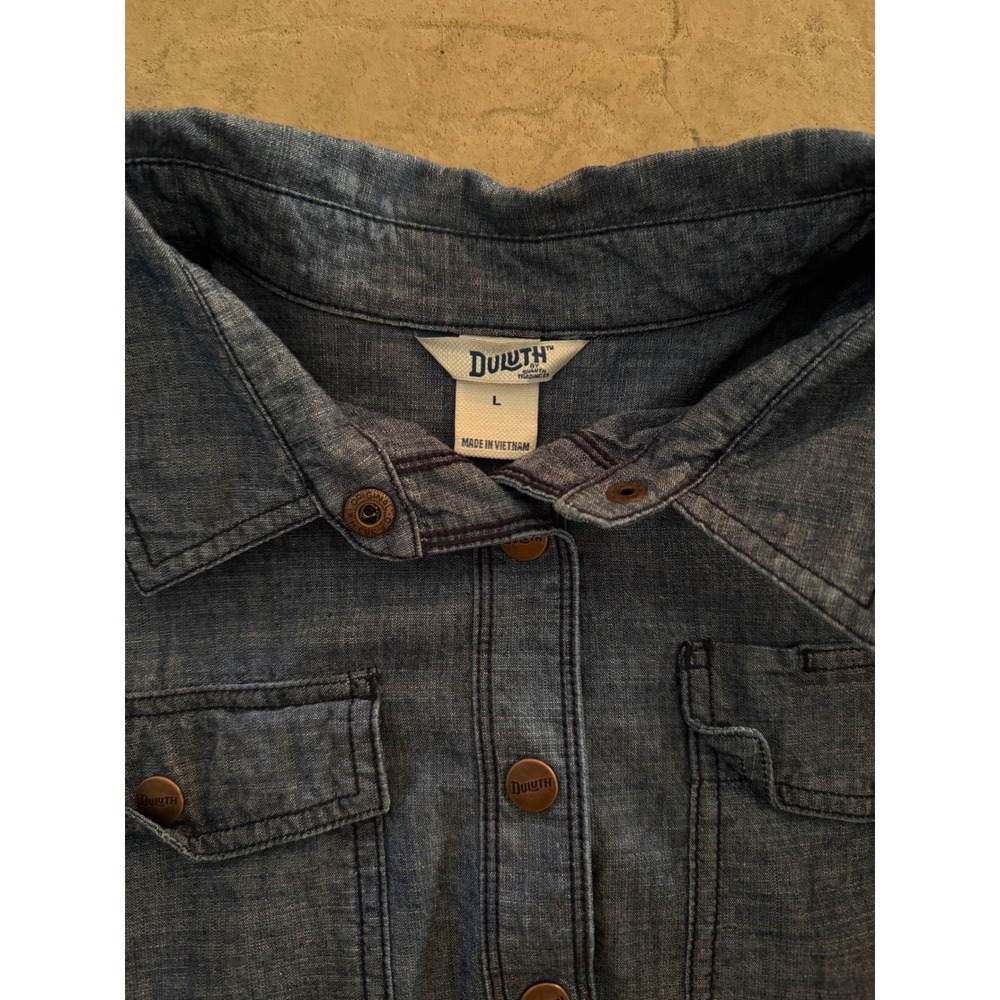 Duluth Trading Co L Womens Rootstock Chambray Utility Shirt Dress Organic Cotton - Picture 6 of 13